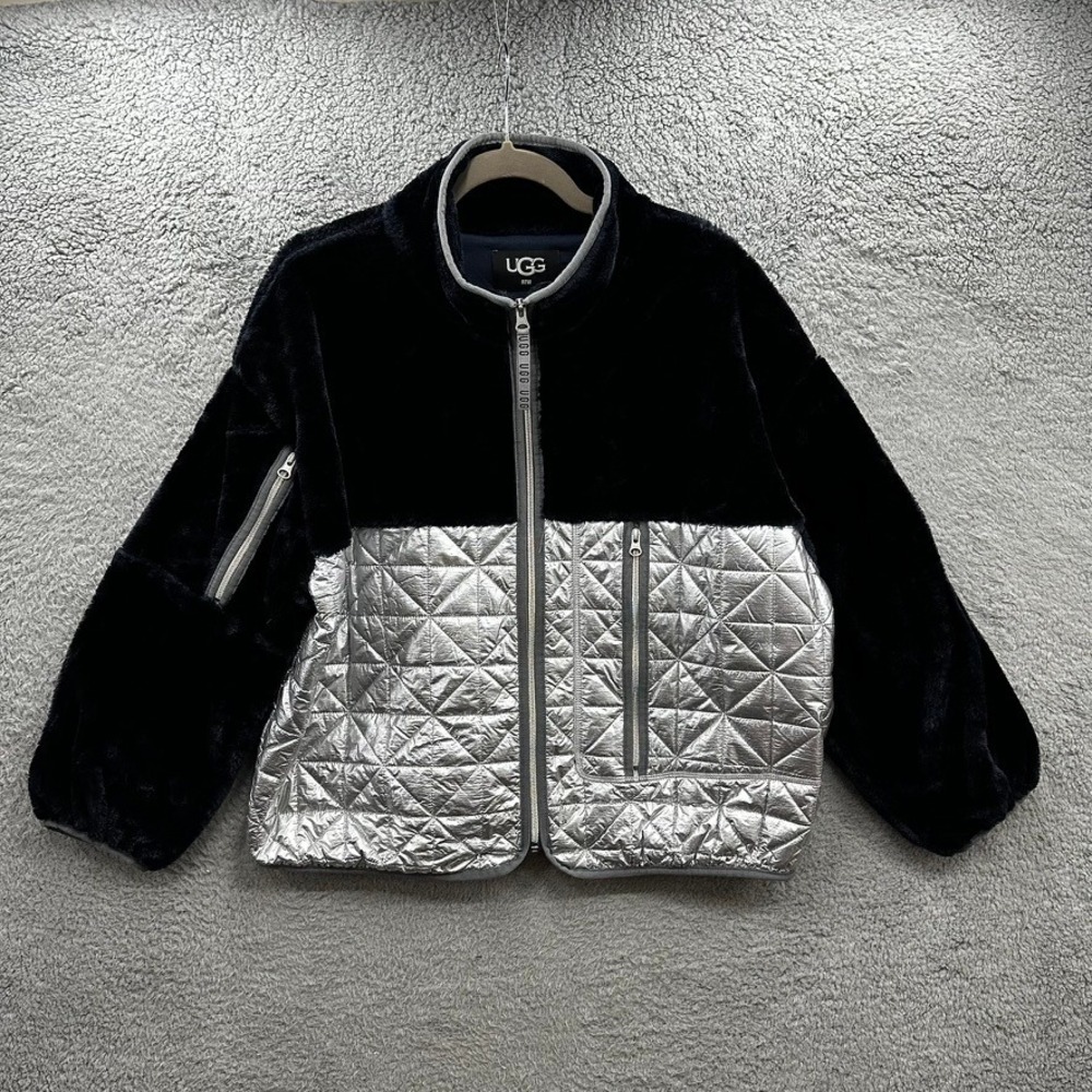 UGG Womens Medium Plush Velvet Metallic Quilted Zip Up Lined Jacket Black Silver